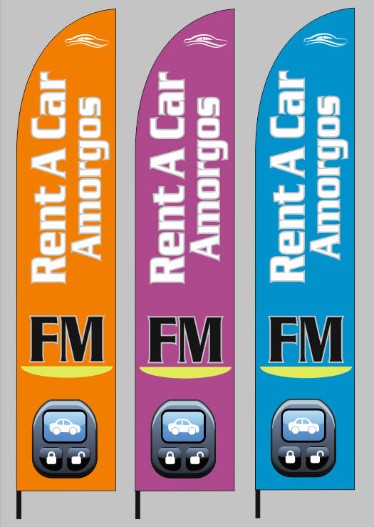 Διαφημιστικές σημαίες καταστήματος 70x340cm για την επιχείρηση FM RENT A CAR AMORGOS